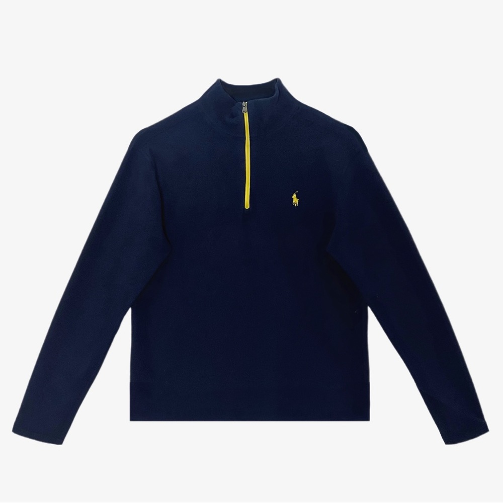 Polo Ralph Lauren Vintage Navy Blue Yellow Fleece 1/4 Zip Up Pullover Sweater